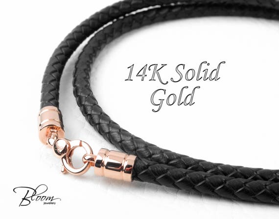 Thick Black Leather Cord Necklace for Men Massive Rose Gold Clasps