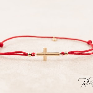 Small Gold Cross Red String Bracelet 14K Sliding Knots Adjustable Length BloomDiamonds