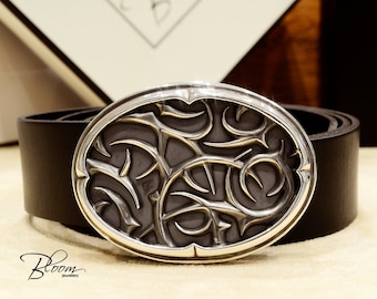 Ceinture en cuir de vache noir avec grande boucle en argent sterling pour homme BloomDiamonds