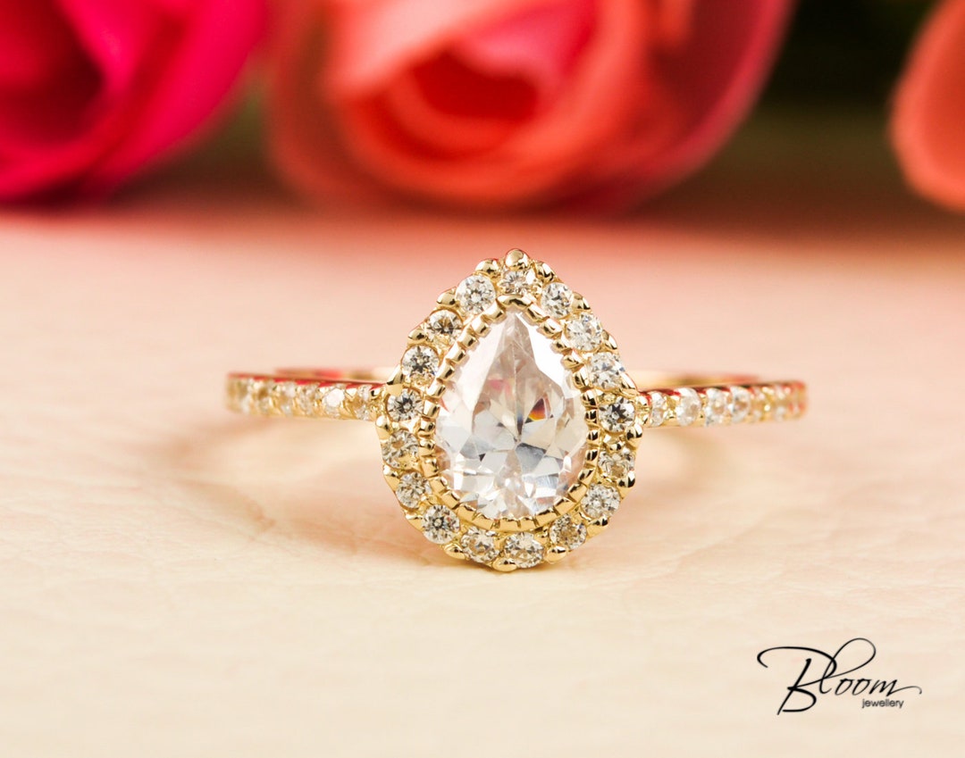 Pear Halo Ring 14K Solid Gold Engagement Cubic Zirconia Bloomdiamonds ...