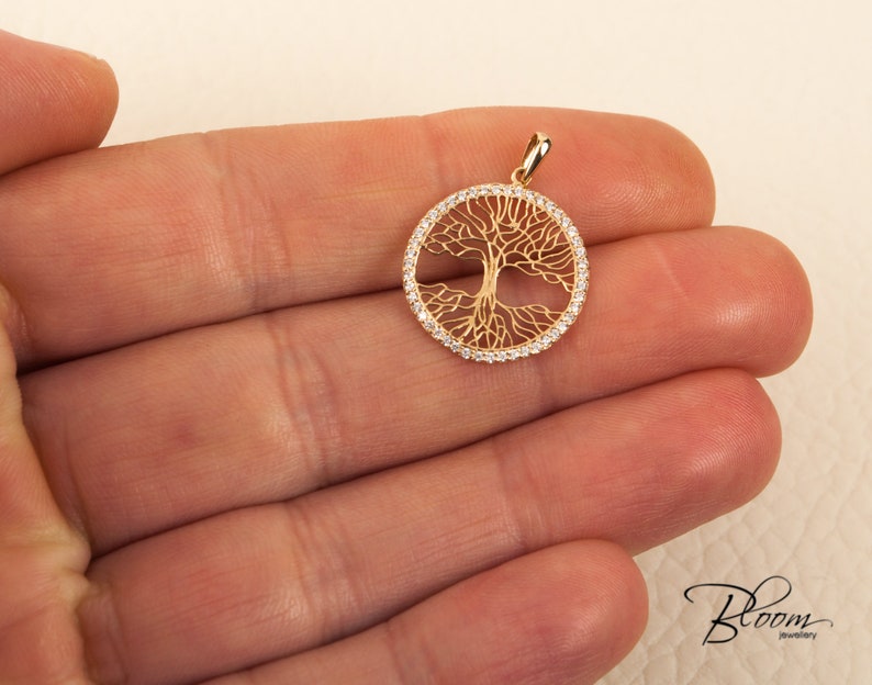 14K Yellow Gold Tree of Life Pendant Cubic Zirconia Necklace BloomDiamonds image 3