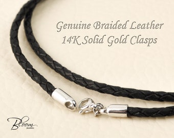Braided Leather Necklace 14K White Gold Lobster Clasp Gold Leather Cord Necklace for Man Gift Idea BloomDiamonds