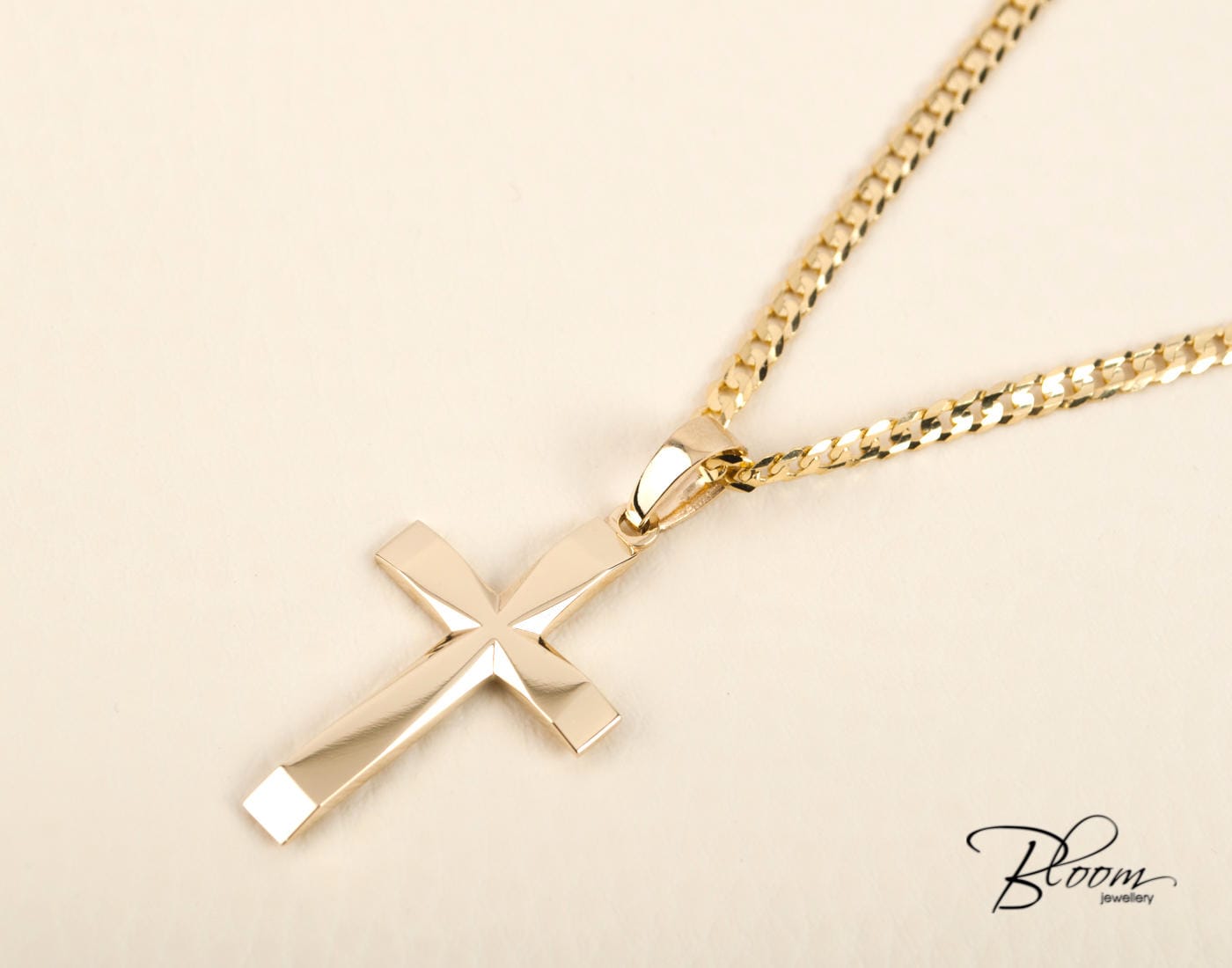Mens Cross Necklace 14K Solid Gold Cross and Curb Chain Cross Etsy