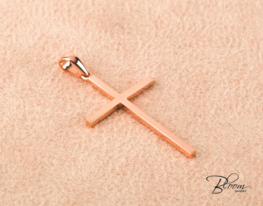 Thin Rose Gold Cross Pendant 14K Not Hollow Unisex Baptism Gift