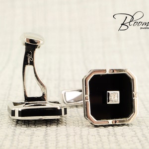 Real Diamond Cufflinks 18K White Gold and Black Onyx BloomDiamonds image 1