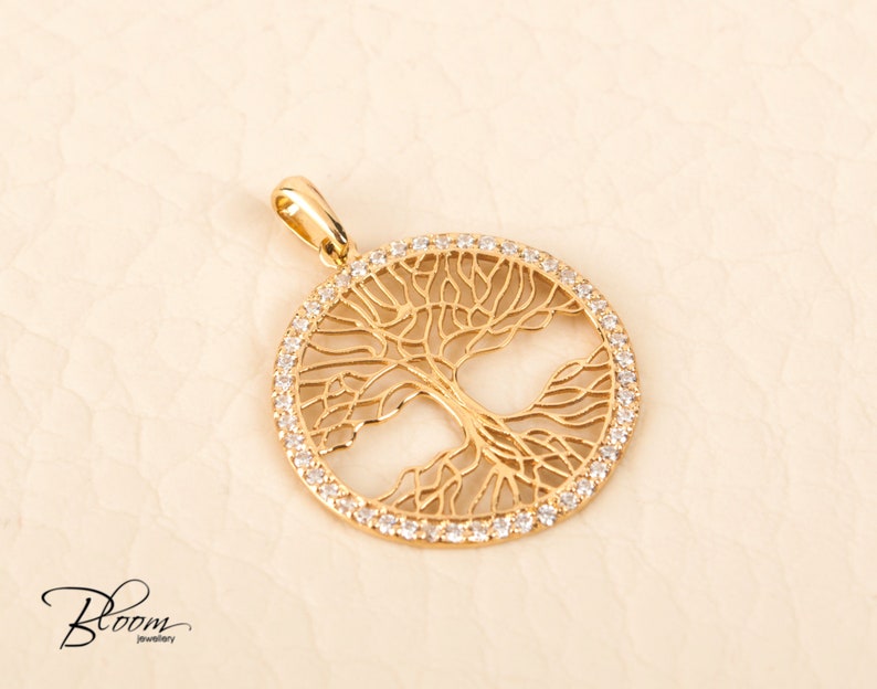 14K Yellow Gold Tree of Life Pendant Cubic Zirconia Necklace BloomDiamonds image 1