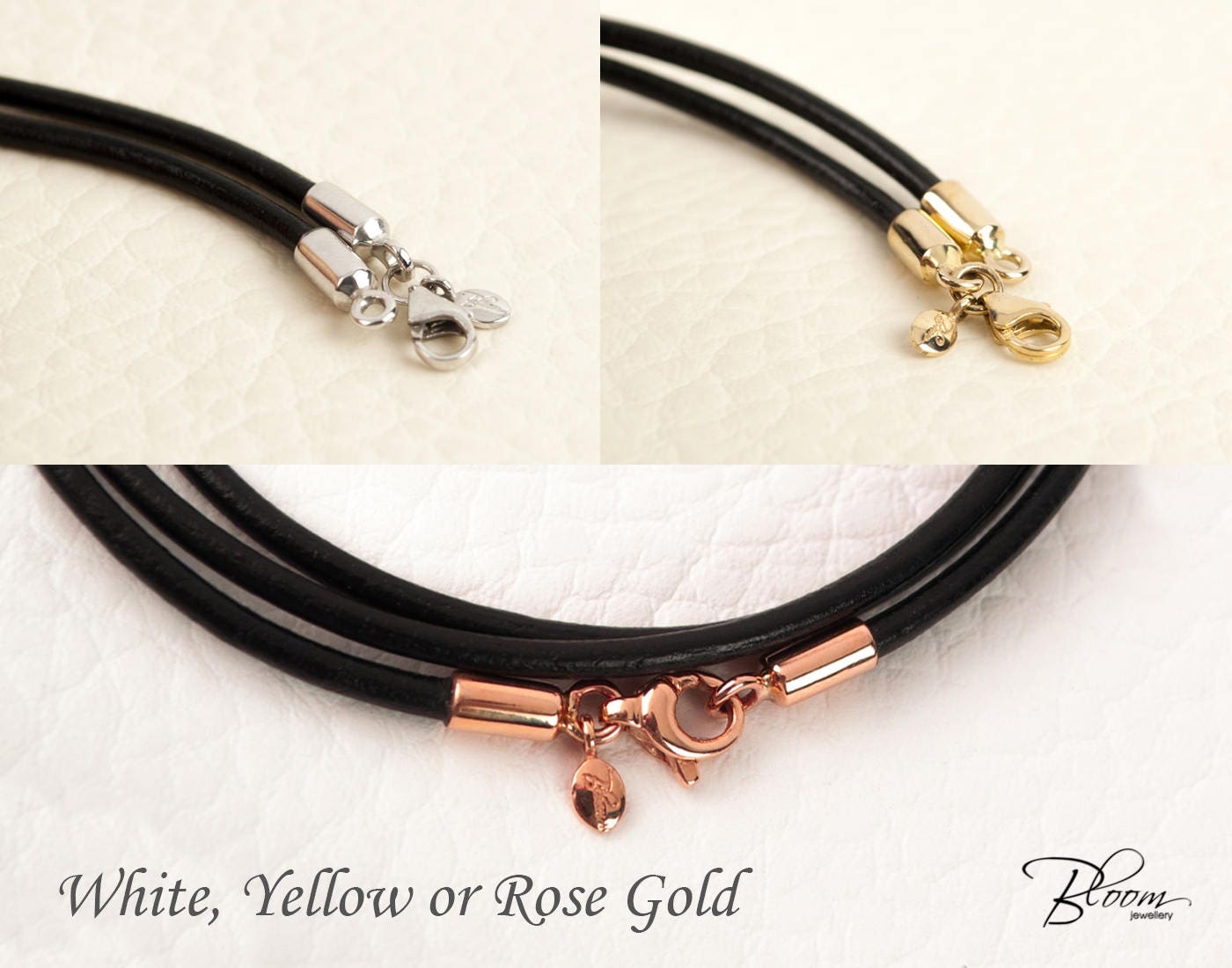 Black Leather Cord Necklace 14K White Gold Clasps Gold Black Leather Cord Necklace 14K White Gold Clasps Gold