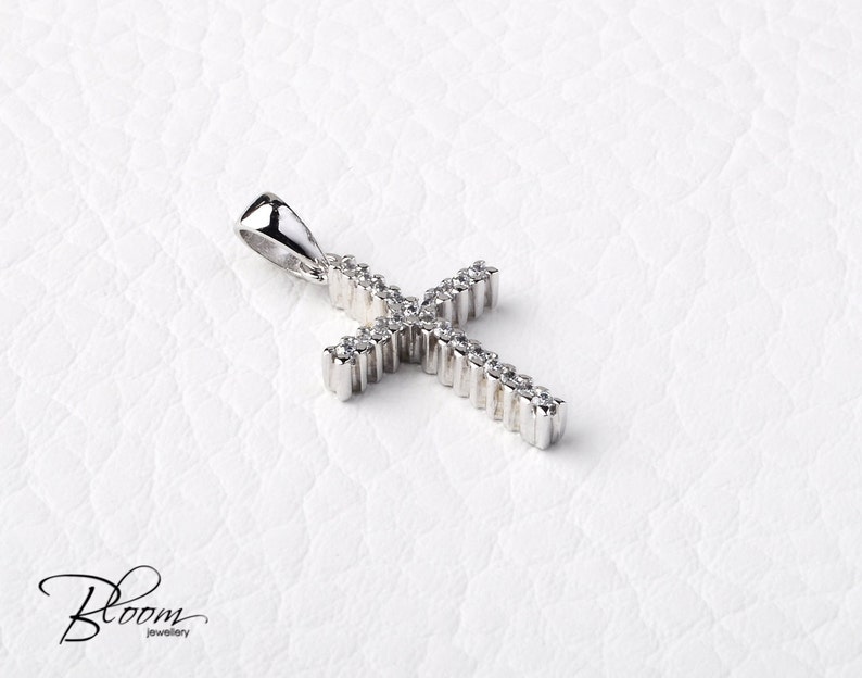 Crystal Cross Pendant 14K Solid White Gold Charm Baptism Etsy