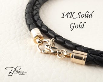 Braided Leather Cord Necklace for Men Leather Necklace 14K Real Gold Clasps Leather Cord Mens Braided Leather Necklace Gold Lobster Claw