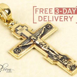 Fast Delivery Orthodox Gold Cross Solid Gold Cross for Men Crucifix Necklace Yellow Gold Crucifix 14K BloomDiamonds