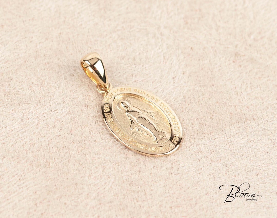 Miraculous Medal Catholic Virgin Mary Pendant 14K Solid Gold ...