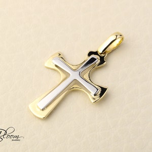Gold Cross Pendant 14K Solid Gold Cross Necklace Two Tone Gold - Etsy