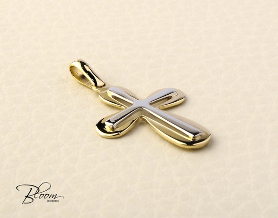 Two Tone Gold Cross 14K Solid Gold 
