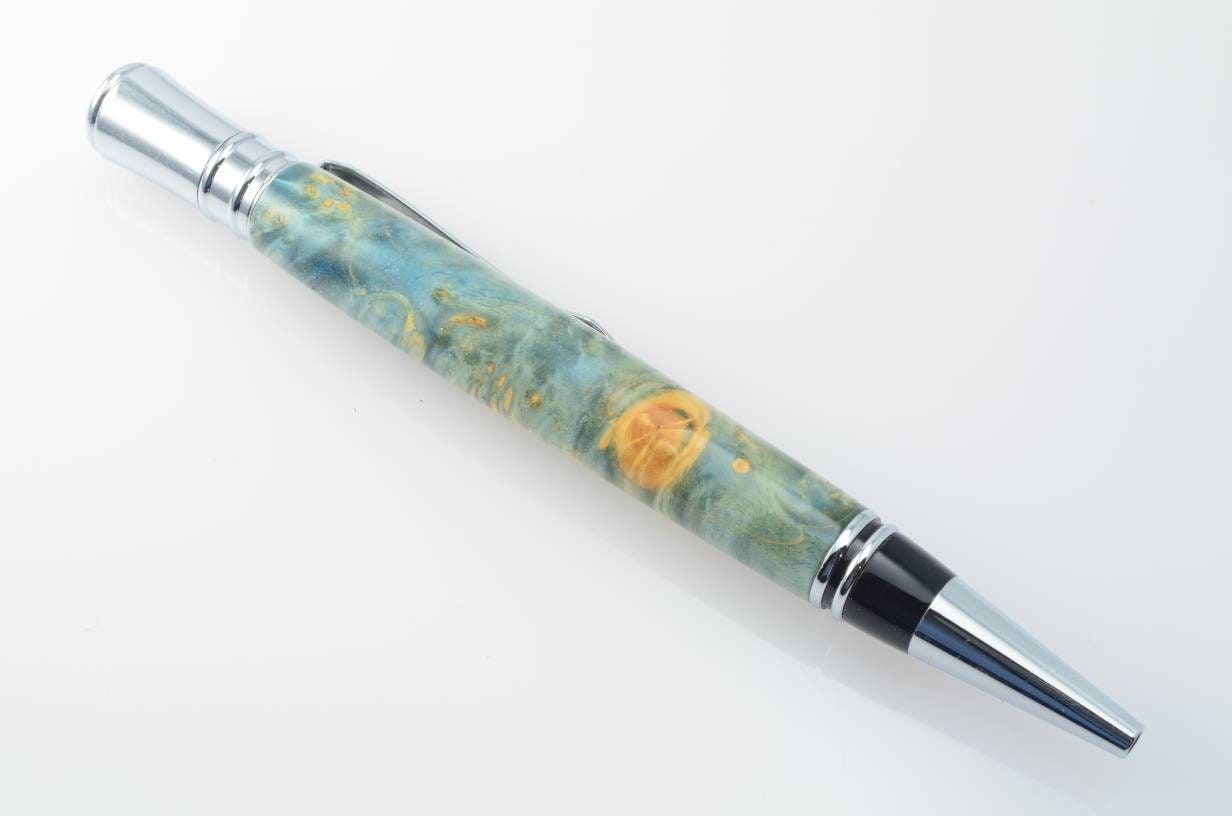 Blue Box Elder Burl Wood Pen, Chrome Ballpoint Twist Pen, classy gift