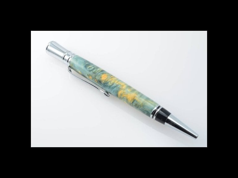 Blue Box Elder Burl Wood Pen, Chrome Ballpoint Twist Pen, classy gift