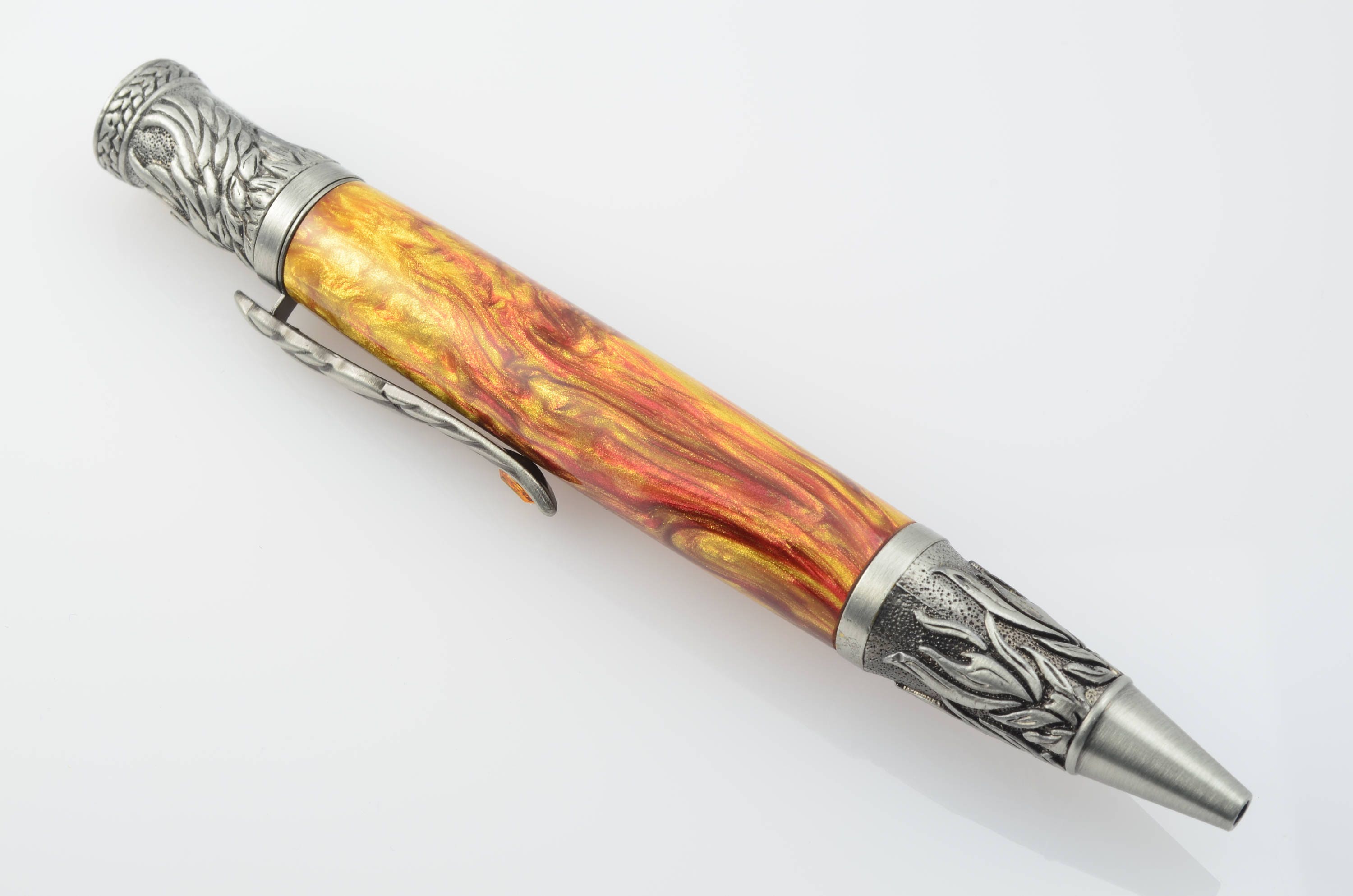 Antique Pewter Phoenix Ballpoint Pen in Red and Gold Acrylic, Writing