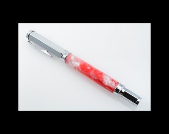 Red and White Acrylic Rollerball Pen with Chrome Components