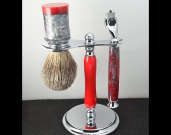 Shaving Set, Shaving Kit, Safety Razor, Shave Brush, Men's Gift, Unique Gift, Perfect Gift, Red and Silver, Groomsman gift