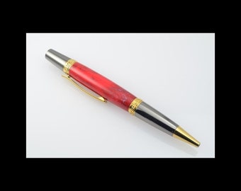 Red and Silver Acrylic, Ballpoint Twist Pen with Gold Titanium, and Gunmetal Components, writing Pen, executive gift, special gift