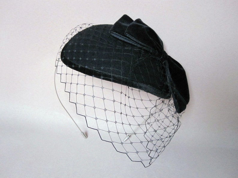 Black fascinator pillbox hat birdcage veil wedding funeral Etsy