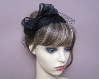 Black fascinator sinamay teardrop veiled hat with bow & french net veil 1940s 1950s style headpiece wedding funeral occasion wear formal hat