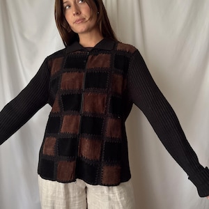 90s Brown and Black Patchwork Suede Leather Jacket