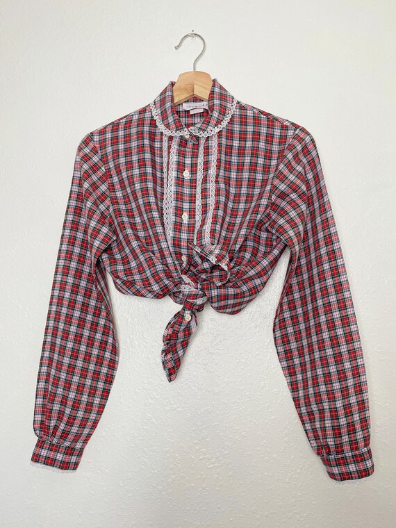 Vintage Plaid Red Green Blouse Collared Lace 70s C