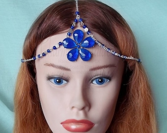 Bohemian Flower Head Chain, Blue Beaded Headpiece, Boho Forehead Jewellery, Fairy Core, Flower Jewellery