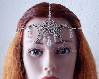 Triple Moon Goddess Head Chain, Bohemian Bride, Pagan Wiccan Witch Headpiece, Fairy Cosplay Costume, Crystal or Black, SILVER or BRONZE