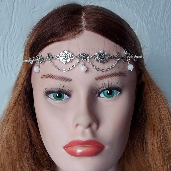 Elven Moonstone Tiara Circlet, Renaissance Flower Headpiece, Elvish Bridal Crown, Fantasy Fairy Head Chain, Wedding Jewelry, SILVER or GOLD