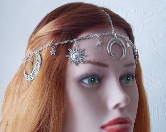 Moon Stars & Sun Headpiece, Celestial Head Chain, Pagan Wiccan Headdress, Goddess Hair Chain, Forehead Jewellery, Solstice Equinox Festival