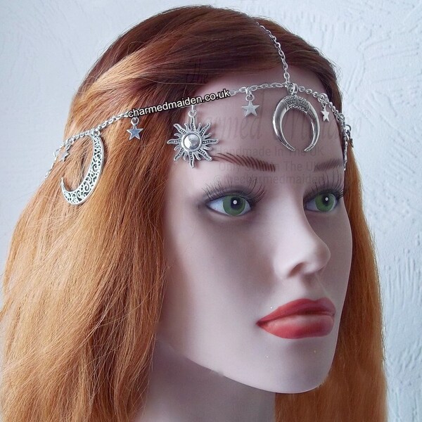 Moon Stars & Sun Headpiece, Celestial Head Chain, Pagan Wiccan Headdress, Goddess Hair Chain, Forehead Jewellery, Solstice Equinox Festival