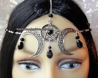 Wiccan Moon Headdress, Black Gothic Headdress, Pentagram Moon Circlet, Pagan Headpiece, Pentacle Headdress, Witch, Wicca, OTHER COLOURS