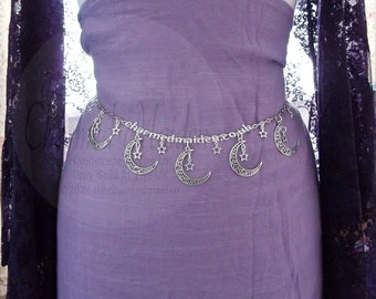 Silver Moon Belt, Witch Chain Belt, Gothic Style, Halloween Costume Jewellery, Celestial Goddess, 18 Adjustable Sizes