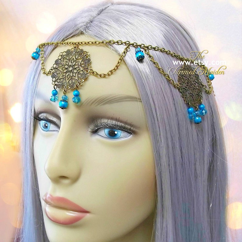 Medieval Bronze /& Turquoise Filigree Circlet Crown Renaissance Costume Headpiece Medieval Princess Pearl Wedding Bridal Headdress