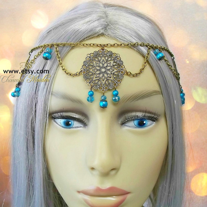 Medieval Bronze /& Turquoise Filigree Circlet Crown Renaissance Costume Headpiece Medieval Princess Pearl Wedding Bridal Headdress