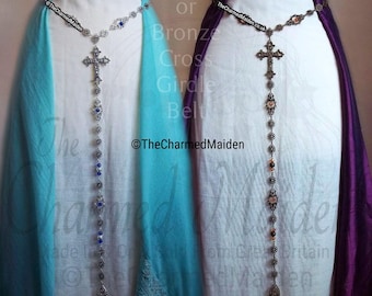 Renaissance Belt, Medieval Girdle, Silver or Bronze Cross Tudor Costume Chain, Wedding Bridal Jewellery, 9 Bead Colours, 18 Adjustable Sizes