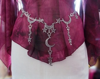 Silver Moon & Stars Belt, Witch Chain Belt, Halloween Costume Jewellery, Wiccan Goddess, 18 Adjustable Sizes