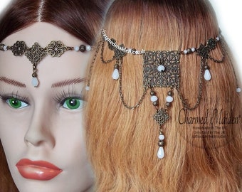 Medieval Renaissance Headpiece, Fairy Queen Head Chain, White Wedding Tudor Headdress, Bridal Trousseau, Adjustable Head Jewelry, Handmade