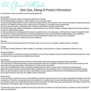 May include: Text document titled "Item Care, Allergy & Product Information" from "The Charmed Maiden." The document details care instructions, safety precautions, and component information for jewelry and accessories, including cleaning and storage.