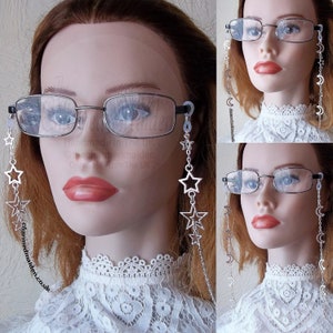 Stars & Moons Glasses Chain, Silver Plated Boho Witch Sunglasses Spectacles Chain Cord