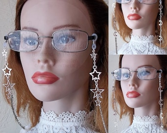 Stars & Moons Glasses Chain, Silver Plated Boho Witch Sunglasses Spectacles Chain Cord