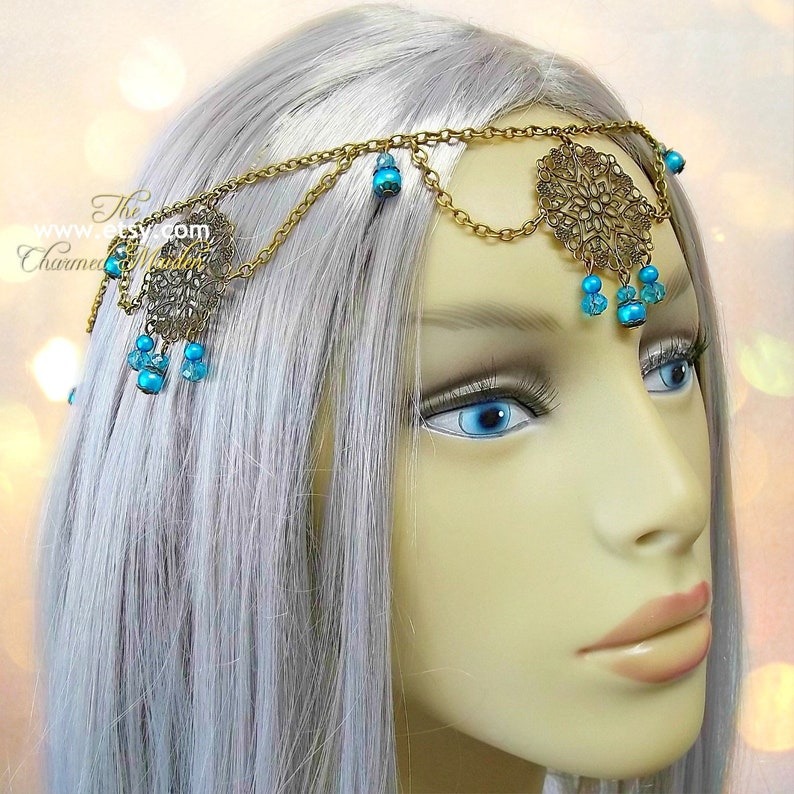 Medieval Bronze /& Turquoise Filigree Circlet Crown Renaissance Costume Headpiece Medieval Princess Pearl Wedding Bridal Headdress