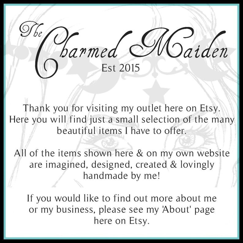 May include: A white graphic with the text "The Charmed Maiden Est 2015" in elegant script. The text thanks visitors and highlights handmade items available on Etsy and the seller's website.