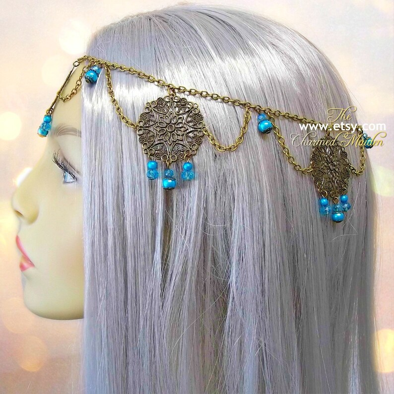 Medieval Bronze /& Turquoise Filigree Circlet Crown Renaissance Costume Headpiece Medieval Princess Pearl Wedding Bridal Headdress