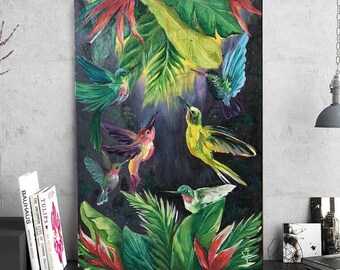Tropische Vögel Gemälde große Leinwand, Paradiesvögel Gemälde für modernes tropisches Dekor, Florales zeitgenössisches Kunstwerk