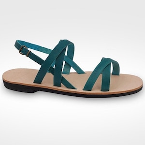 Woman sandals with strap in leather, made in Italy, handmade light sandals with rubber sole, in natural leather colored by hand