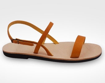 Sandalias griegas para mujer en cuero y cuero made in Italy, sandalias ligeras hechas a mano en caucho, piel natural y piel coloreada a mano