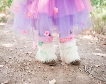 Everly Boot Cuffs - Pink PomPon - unicorn costume, unicorn boot covers, white fur boot cuffs, unicorn hooves, fur leg warmers, fur boots