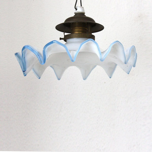 Antique French White Opaline Glass Ceiling Light with a BLUE border with its brass fixation, ceiling light, lamp shade,